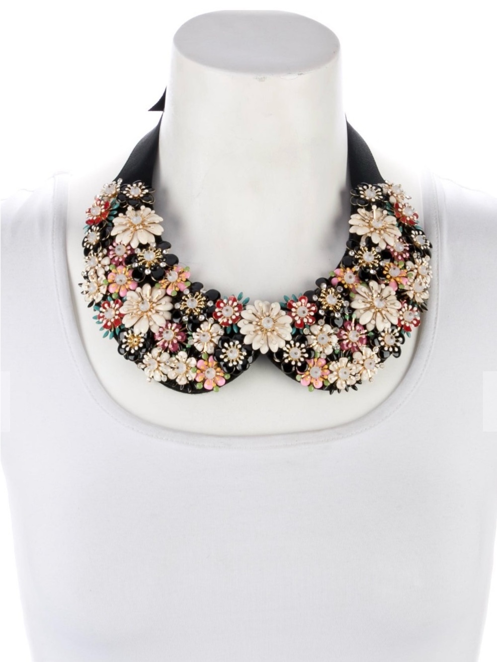 Anne Fontaine Floral Crystal Collar Necklace - Multicolor on Cream and Black